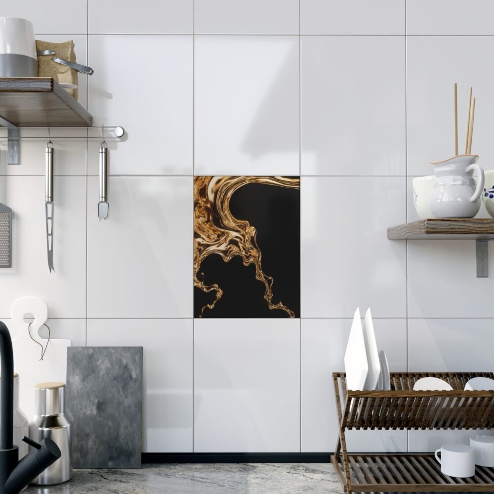 ceramic photo tile — gold liquid abstract wall art, modern metallic accent tile