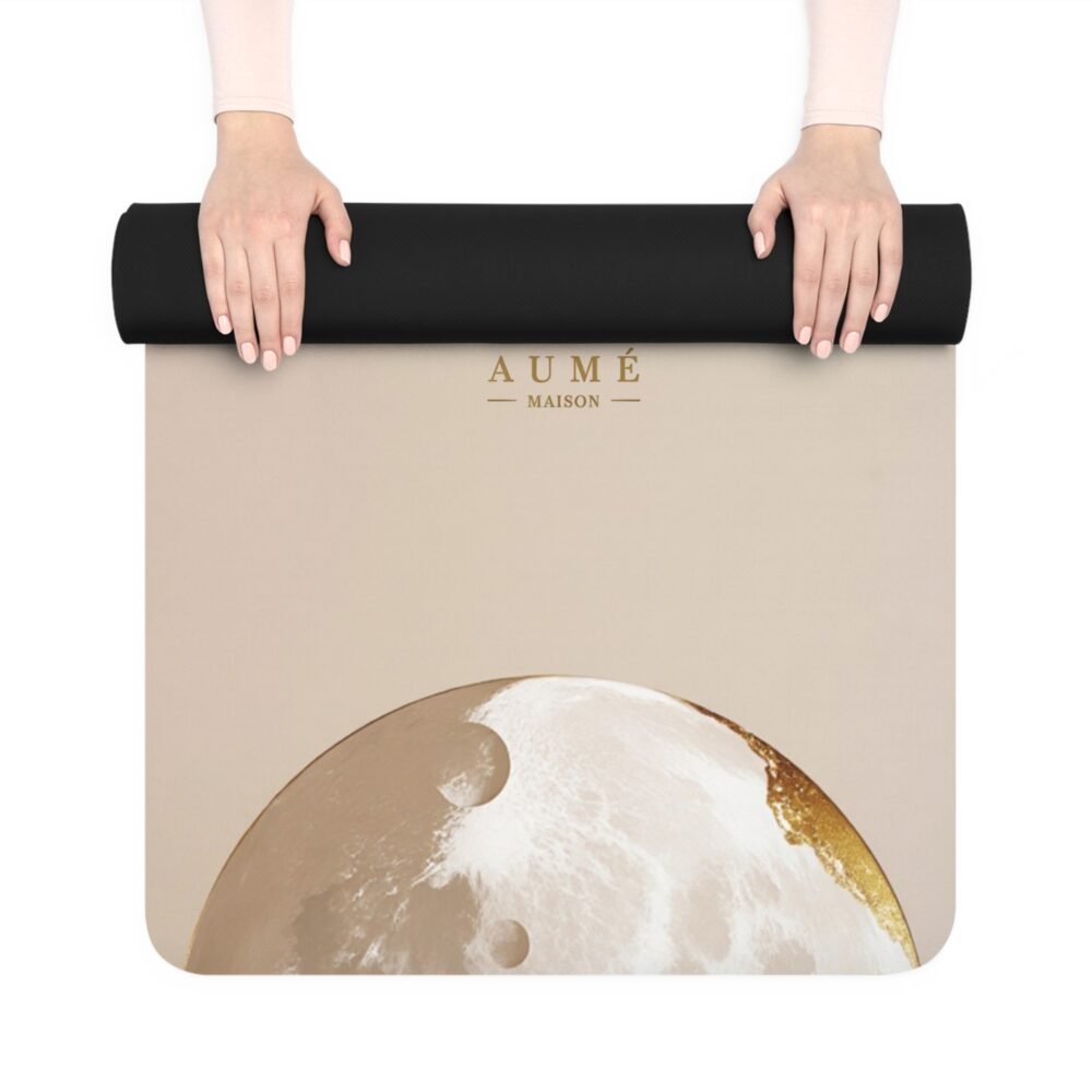 moon phase rubber yoga mat — neutral crescent & gold accent